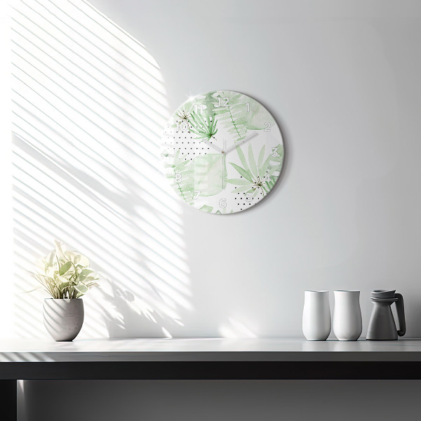 Round glass clock Green leaves