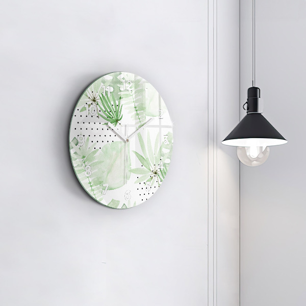 Round glass clock Green leaves