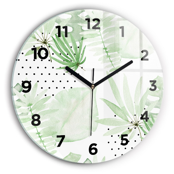 Round glass clock Green leaves