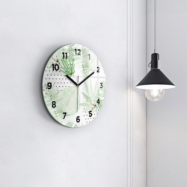 Round glass clock Green leaves