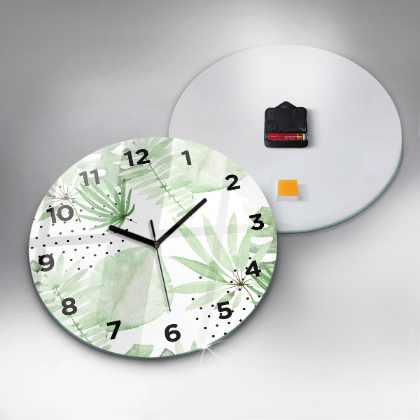Round glass clock Green leaves