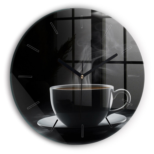 Round glass clock A cup of black coffee