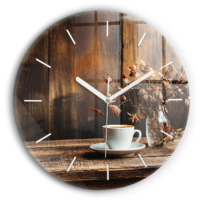 Round glass clock A cup of coffee