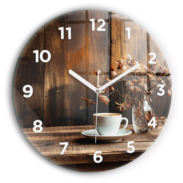 Round glass clock A cup of coffee
