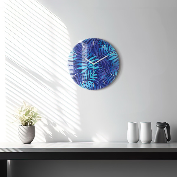 Round glass clock Blue leaves