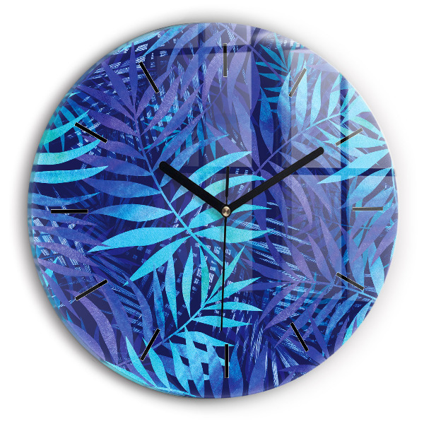 Round glass clock Blue leaves