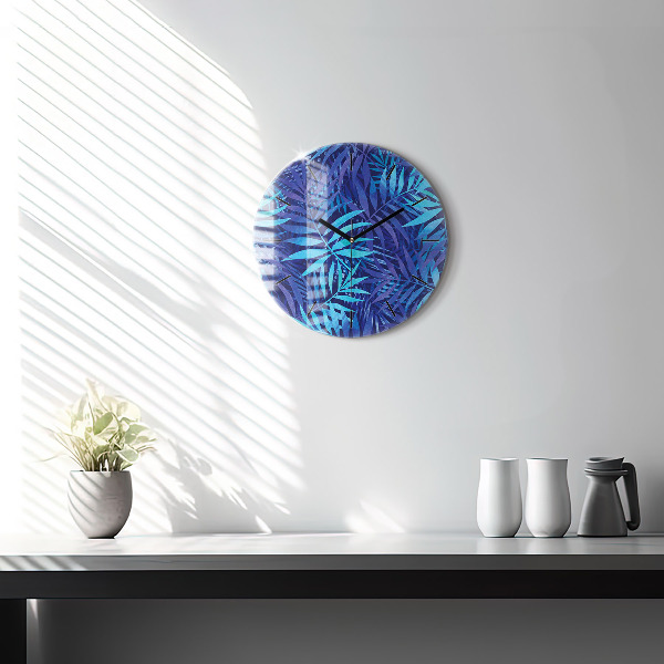 Round glass clock Blue leaves