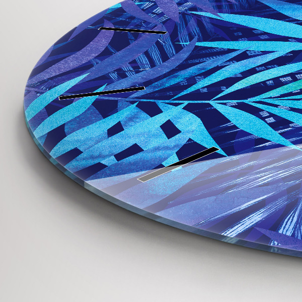 Round glass clock Blue leaves