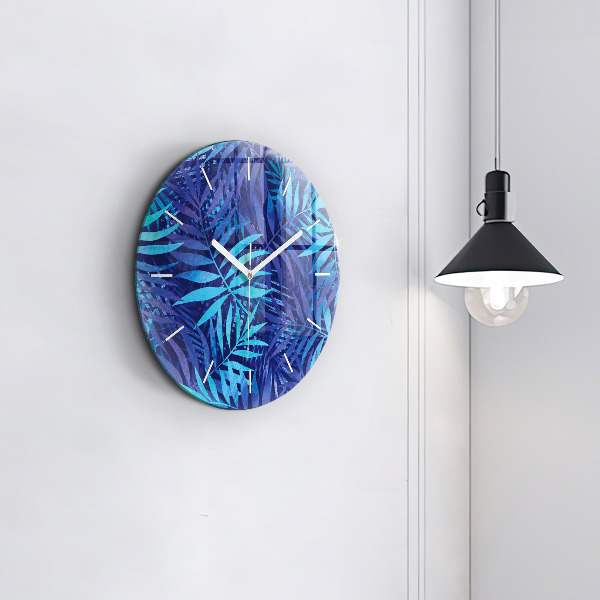 Round glass clock Blue leaves
