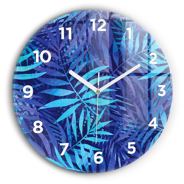 Round glass clock Blue leaves