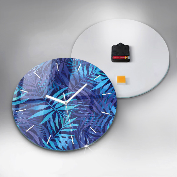 Round glass clock Blue leaves