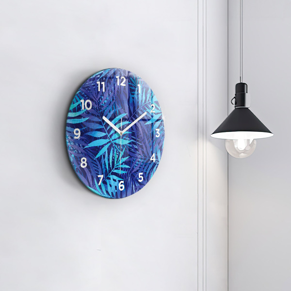 Round glass clock Blue leaves