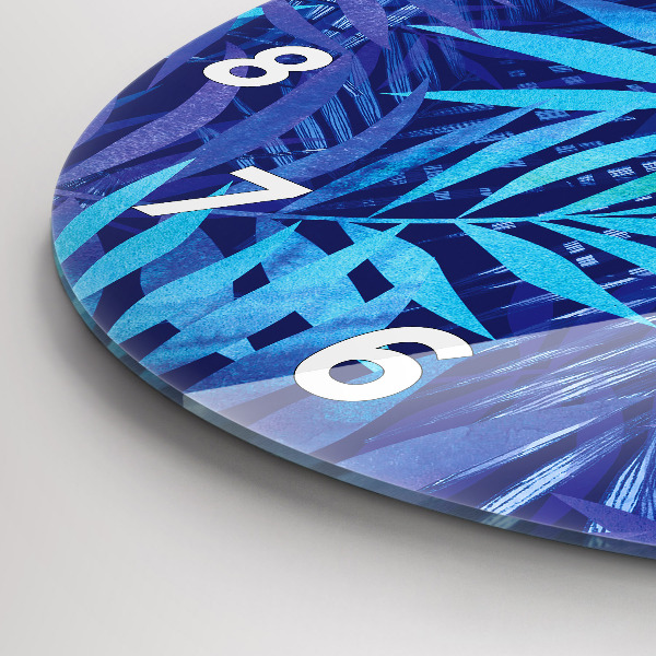 Round glass clock Blue leaves