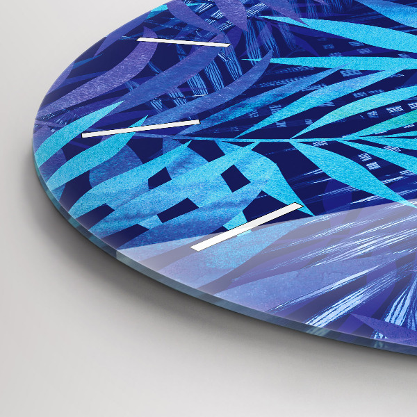 Round glass clock Blue leaves