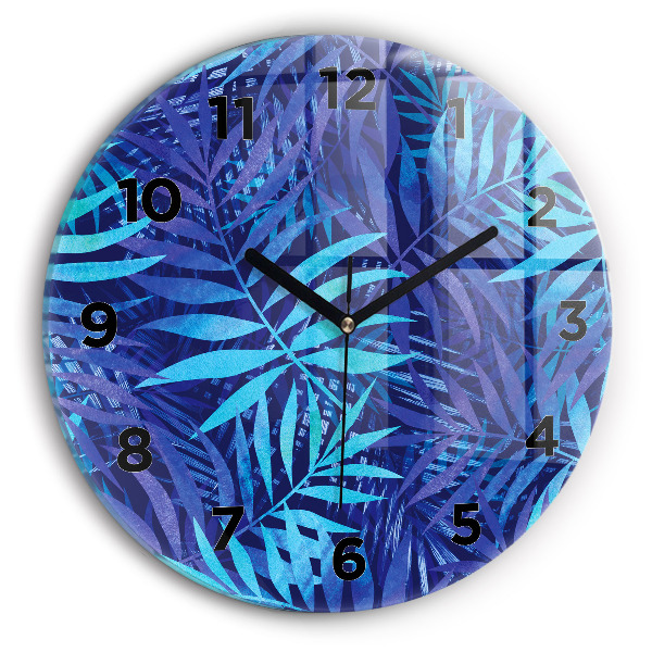 Round glass clock Blue leaves