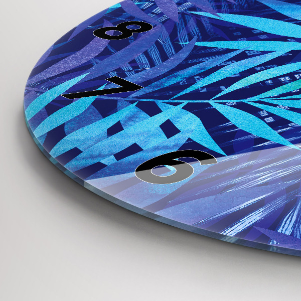 Round glass clock Blue leaves