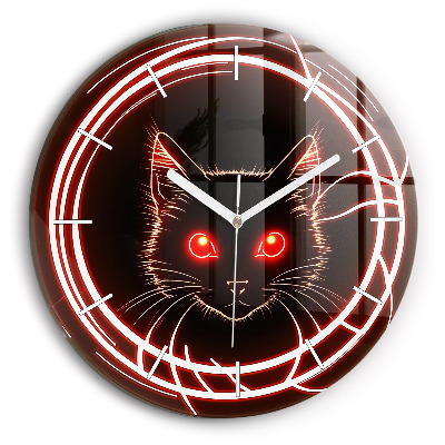 Round glass clock Cat with red eyes