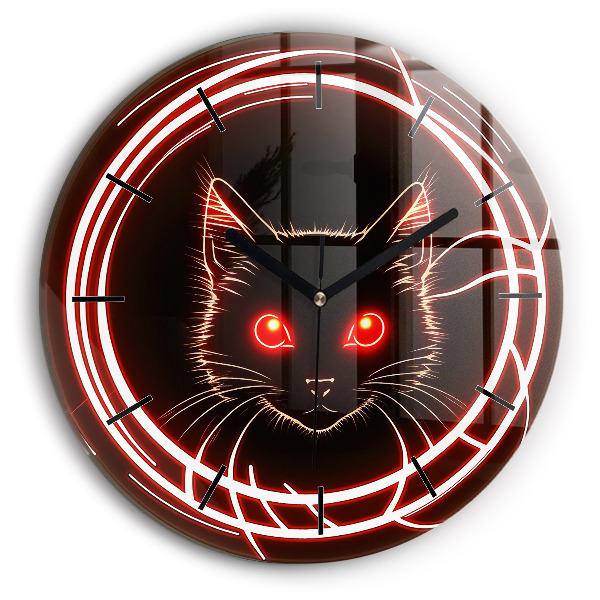 Round glass clock Cat with red eyes