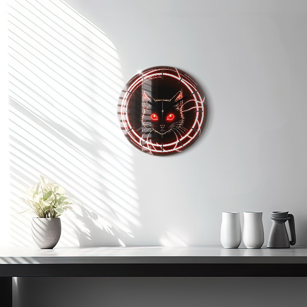Round glass clock Cat with red eyes