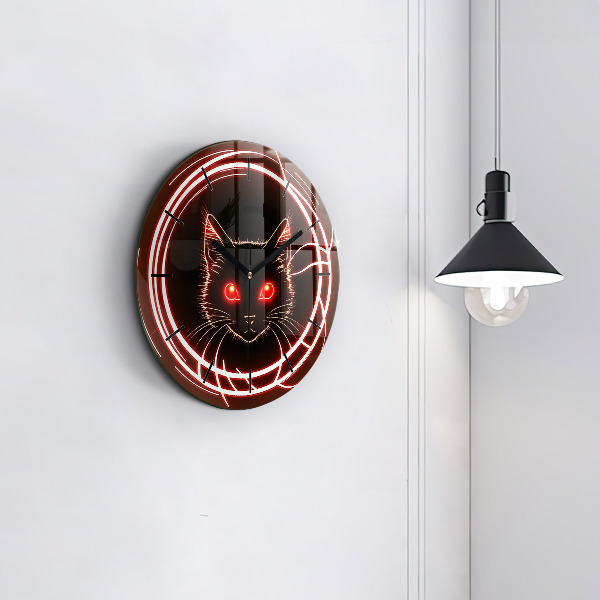 Round glass clock Cat with red eyes