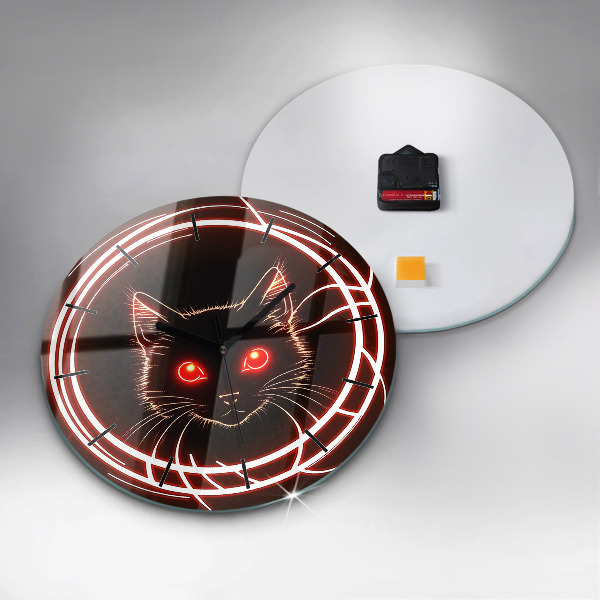 Round glass clock Cat with red eyes