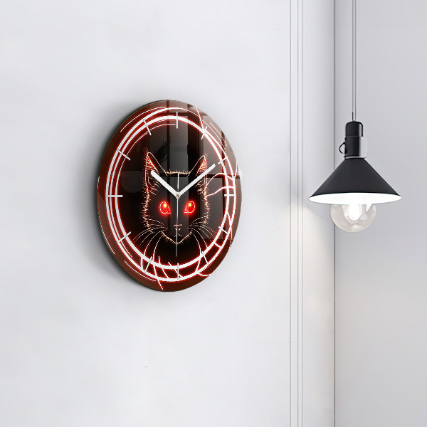 Round glass clock Cat with red eyes