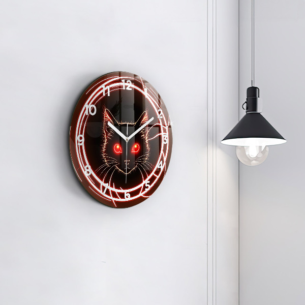 Round glass clock Cat with red eyes