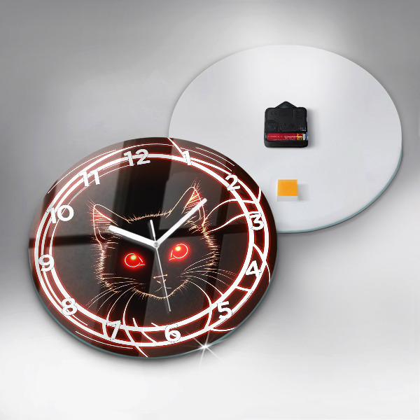 Round glass clock Cat with red eyes