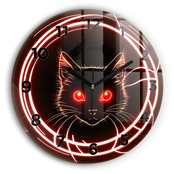 Round glass clock Cat with red eyes
