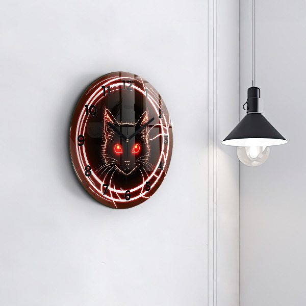 Round glass clock Cat with red eyes