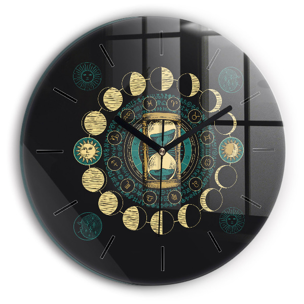 Round glass clock Moon phases and hourglass