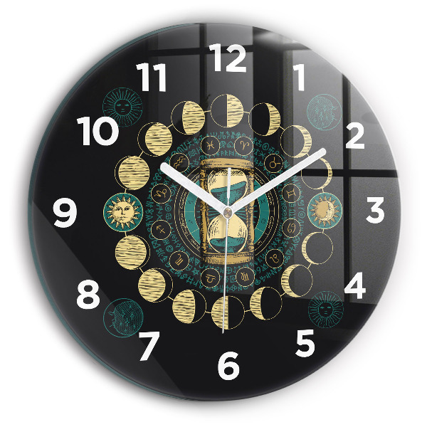 Round glass clock Moon phases and hourglass
