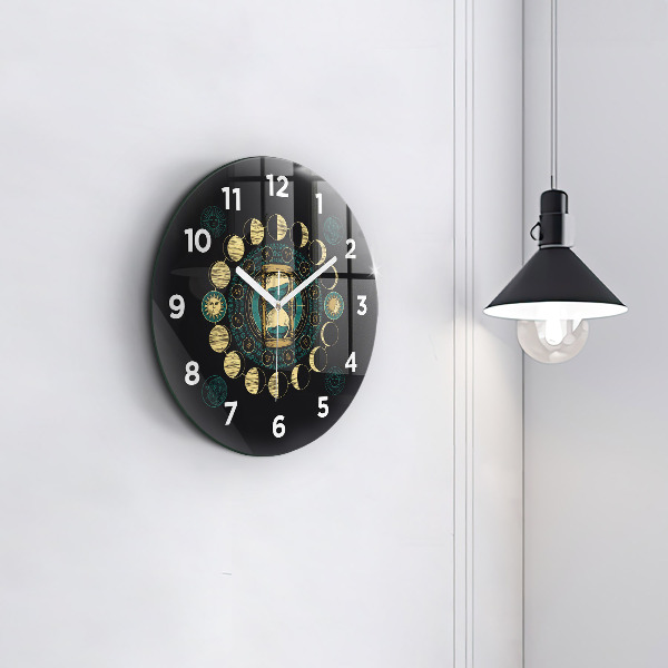 Round glass clock Moon phases and hourglass