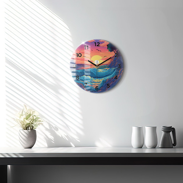 Round glass clock Fairytale waves and ocean