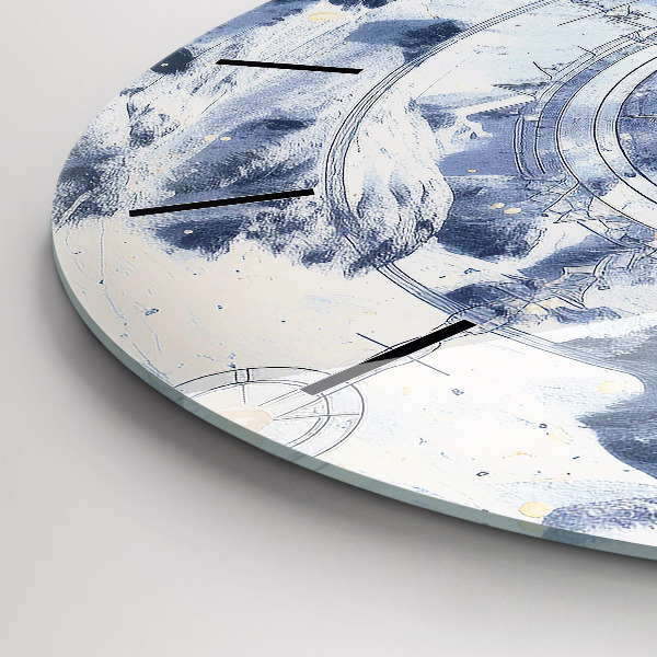 Round glass clock Blue drawings