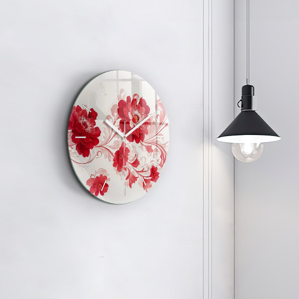 Round glass clock Red flowers