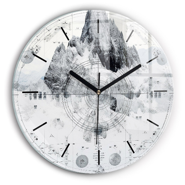 Round glass clock Cartoon mountains