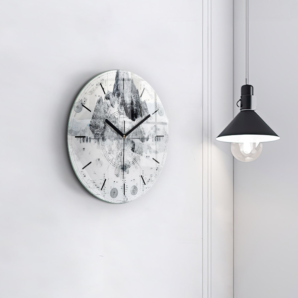 Round glass clock Cartoon mountains
