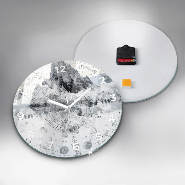 Round glass clock Cartoon mountains
