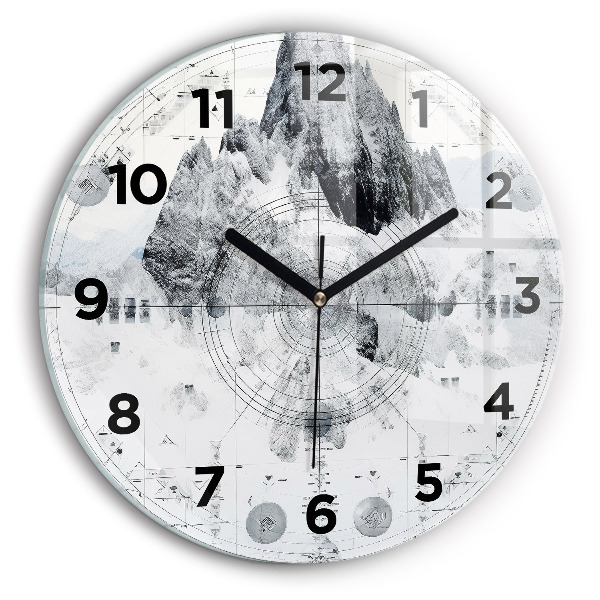 Round glass clock Cartoon mountains