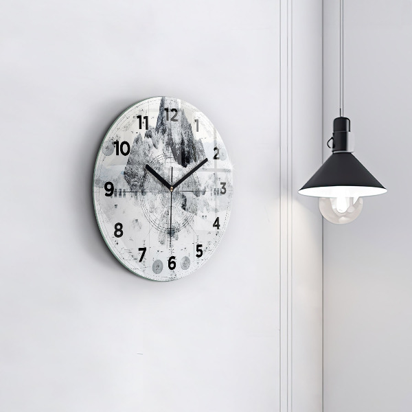 Round glass clock Cartoon mountains