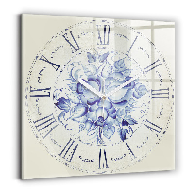 Square glass clock Blue flowers