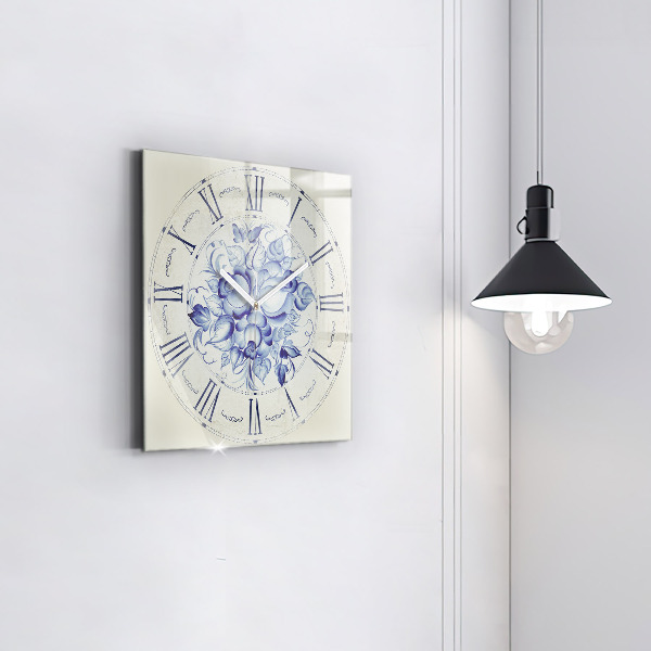 Square glass clock Blue flowers