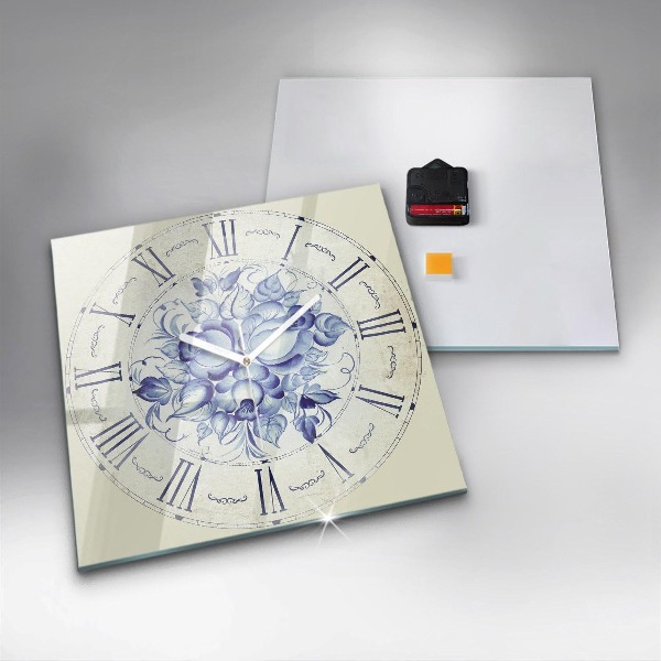 Square glass clock Blue flowers