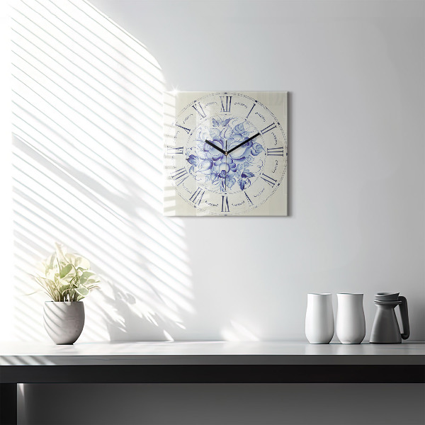 Square glass clock Blue flowers