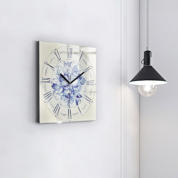 Square glass clock Blue flowers