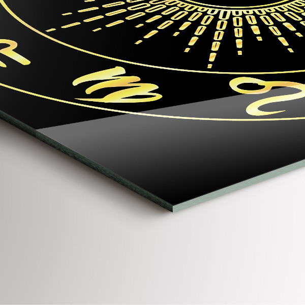 Square glass clock Golden zodiac signs on black background