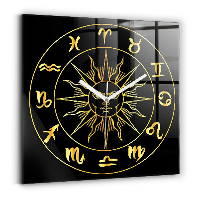 Square glass clock Golden zodiac signs with sun