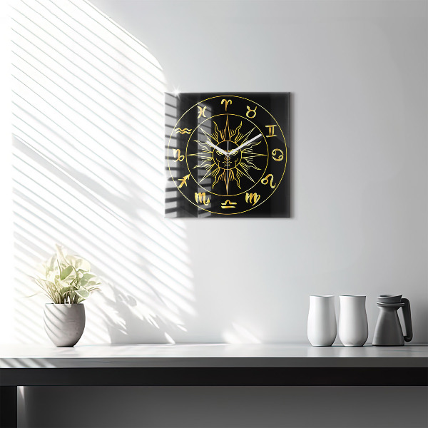 Square glass clock Golden zodiac signs with sun