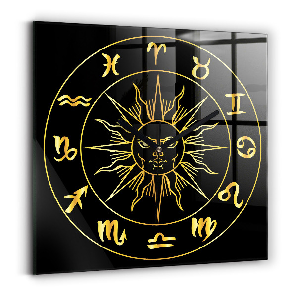 Square glass clock Golden zodiac signs with sun
